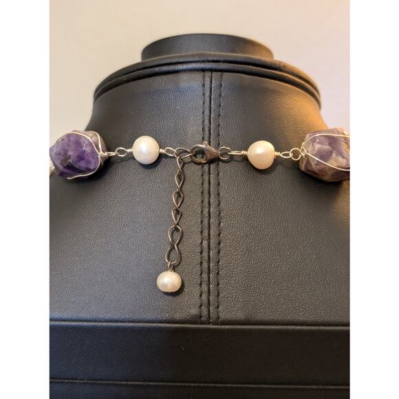 Chunky Wired Purple Lace Agate & Amethyst Fresh Water Pearl Sterling Necklace - Picture 5 of 9
